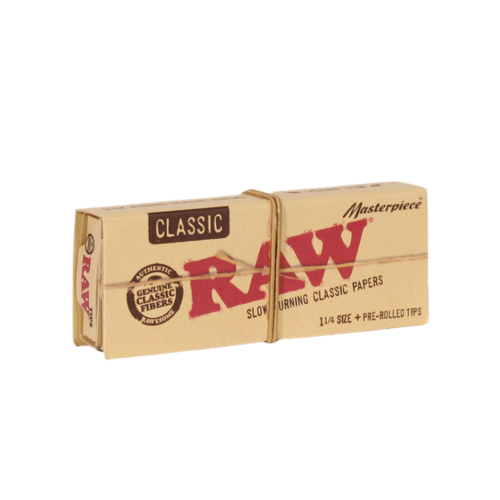 RAW Classic Masterpiece 1¼, King Size, King Size Slim The RAW Classic Masterpiece 1¼ combines the high-quality RAW Classic Papers with RAW Pre-Rolled Tips. It’s so convenient that you’ll never want a different pack!! This handcrafted product is a favorite of smokers the world over. Includes 16 RAW Pre-Rolled Tips (refillable) per pack
